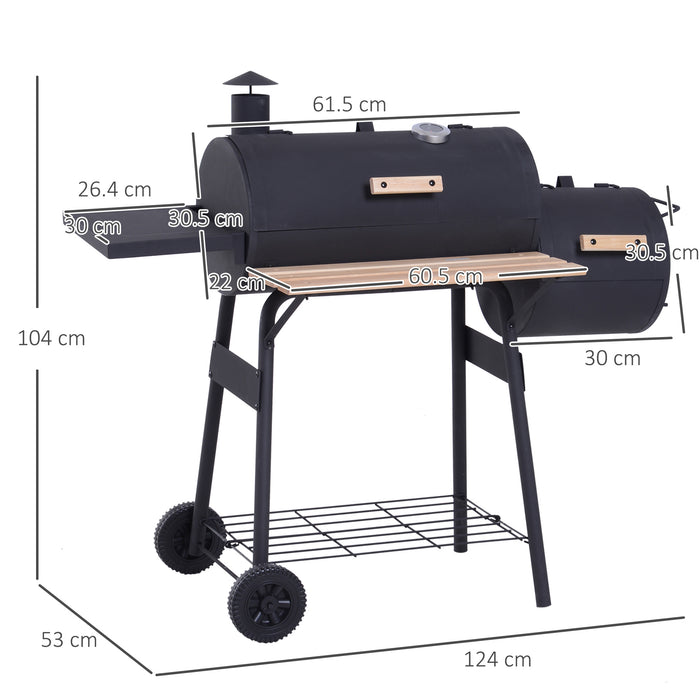 Portable Charcoal BBQ Grill, Cold-rolled Steel, Solid Wood, 104H x 124L x53W cm-Black