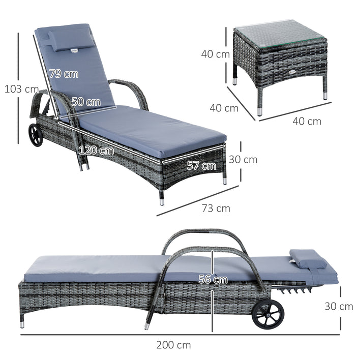 3 Piece Rattan Sun Loungers with Cushions & Coffee Table - Grey