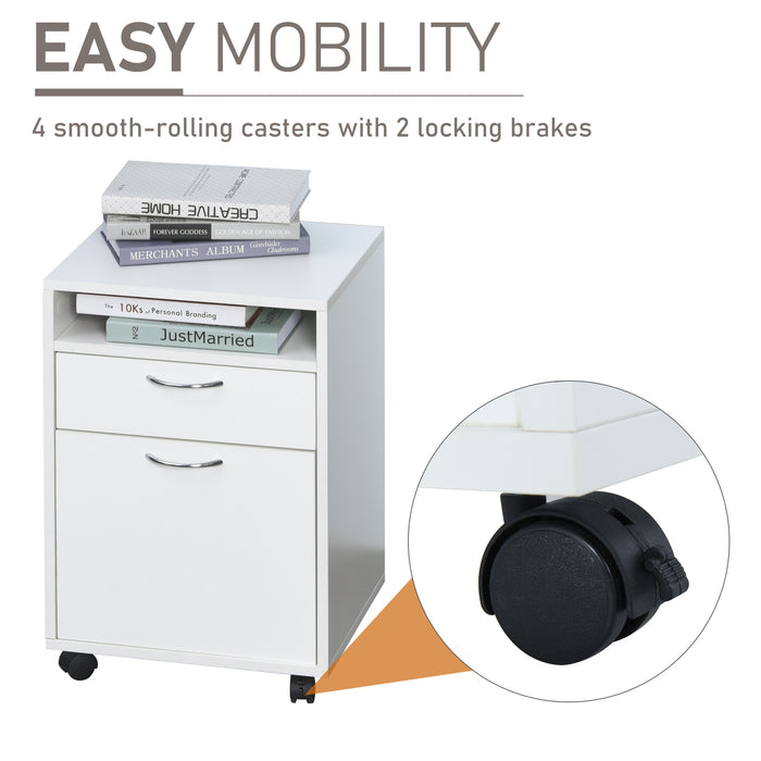 60cm Storage Cabinet w/ Drawer Open Shelf Metal Handles 4 Wheels Office Home Organiser Mobile Printer White