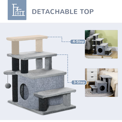 Dog Steps for Bed 4 Step Pet Stairs Cat House with Detachable Cover, Cat ladder for Sofa w/ Hanging Balls - Grey