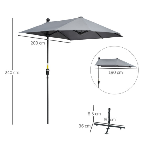 Outsunny 2m Half Parasol Market Umbrella Garden Balcony Parasol with Crank Handle, Cross Base, Double-Sided Canopy, Dark Grey