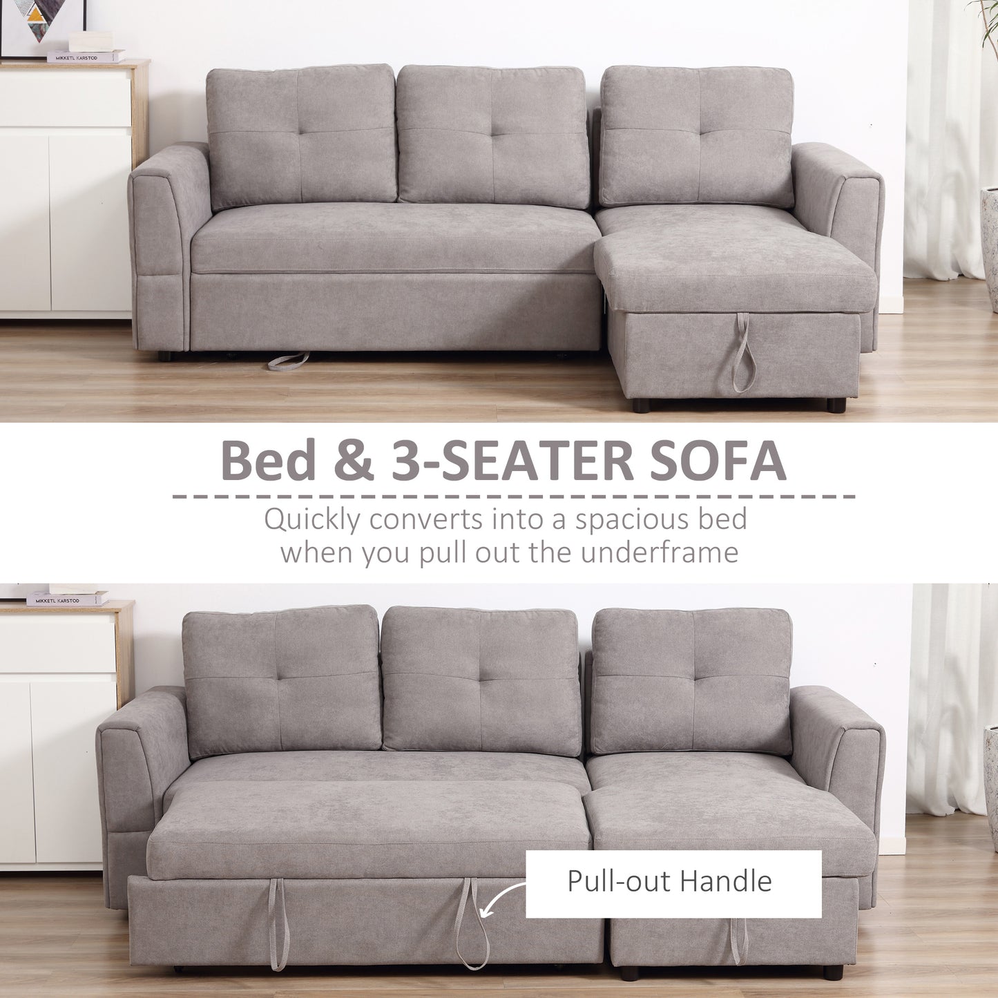 3 Seater Linen Look L-Shaped Corner Sofa, Pull Out Sofa with Storage Compartment In Grey - Hurry Limited Stock!
