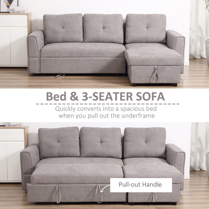 3 Seater Linen Look L-Shaped Corner Sofa, Pull Out Sofa with Storage Compartment In Grey - Hurry Limited Stock!