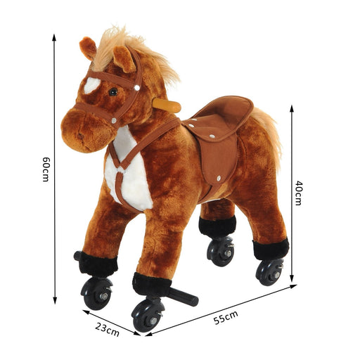 Rocking Horse Plush Kids Ride on Gift Wooden Action Pony Wheeled Walking Riding Little Baby Toy W/Sound-Brown