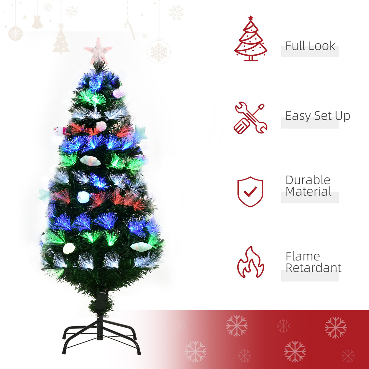 4ft Pre-Lit Fibre Optic Christmas Tree with 130 Multicolour LEDs & Baubles