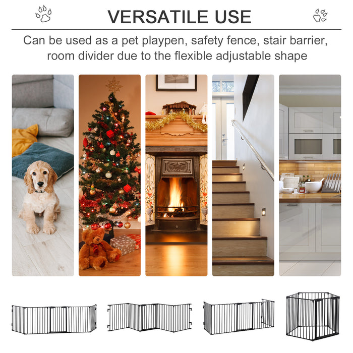 Pet Safety Gate 5-Panel Playpen Fireplace Christmas Tree Metal Fence Stair Barrier Room Divider with Walk Through Door Automatically Close Lock Black