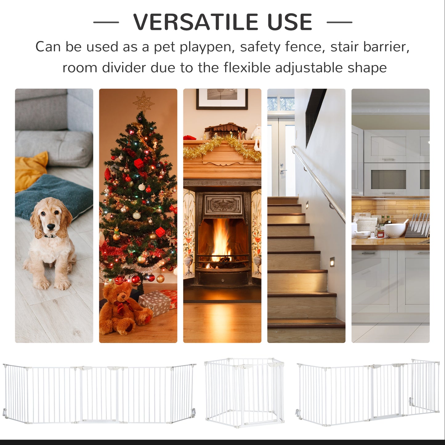 Pet Safety Gate, 5 Panel Playpen Fireplace Christmas Tree Metal Fence Stair Barrier Room Divider with Walk Through Door Automatically Close Lock White