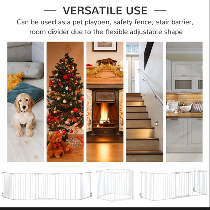 Pet Safety Gate, 5 Panel Playpen Fireplace Christmas Tree Metal Fence Stair Barrier Room Divider with Walk Through Door Automatically Close Lock White