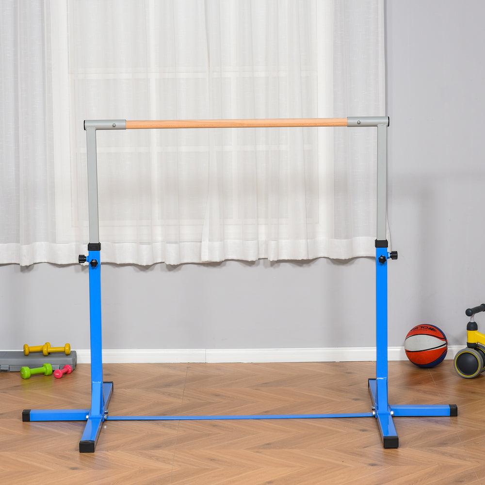 Height Adjustable Gymnastics Horizontal Bar For Kids Home Gym Training Children Junior Kip High Bar Fitness Blue w/ Steel Frame Wood