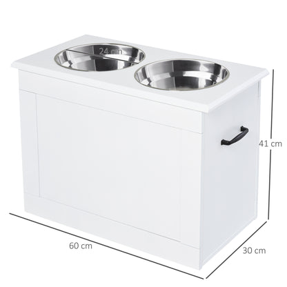 Raised Dog Bowls Pet Feeding Storage Station with 2 Stainless Steel Bowls Base for Large Dogs and Other Large Pets, White