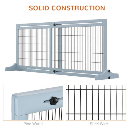 Freestanding Dog Gate, Foldable Pet Fence, Indoor Wood Barrier, Stair Gate with Support Feet, for Doorway, Hallway, Small and Medium Dogs, 69H x 104-183 cm, Blue-grey