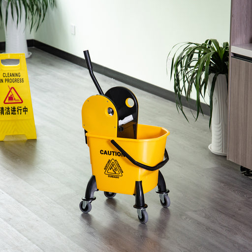 26L Mop Bucket & Water Wringer w/ 4 Wheels Plastic Body Metal Handle Pole Holder Home Commercial Cleaning Floor Cart Yellow