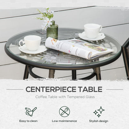 Outsunny 3 Pieces Outdoor PE Rattan Balcony Furniture, Round Wicker Patio Table and Chairs w/ 2 Armchairs & Glass Top Coffee Table Conversation Furniture Sets, Grey