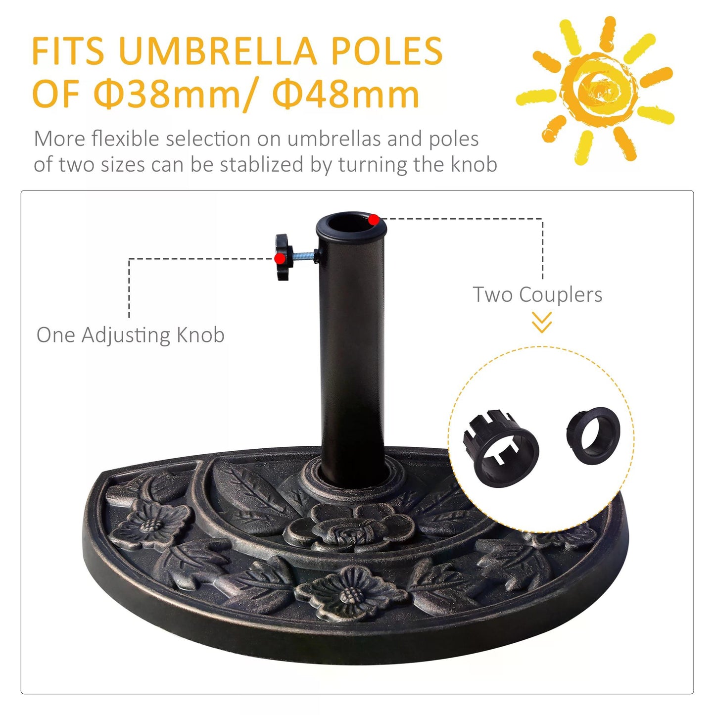 Outsunny 9kg Resin Half Round Parasol Base Umbrella Stand Garden Outdoor Accessories - Adjustable Coupler Suitable Umbrella Rod