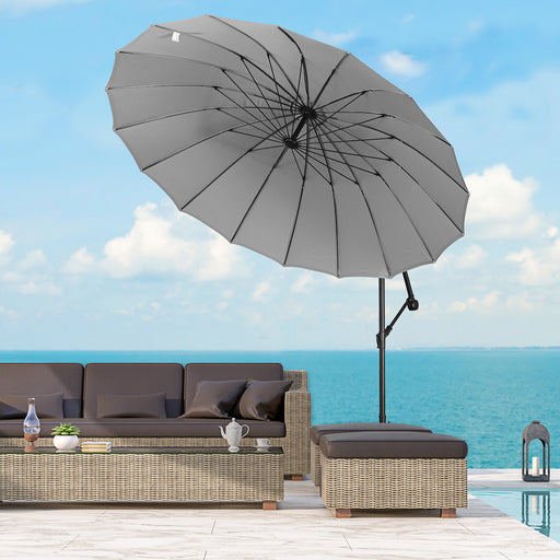 3(m) Cantilever Garden Hanging Banana Sun Umbrella with Crank Handle, 18 Sturdy Ribs and Cross Base, Grey