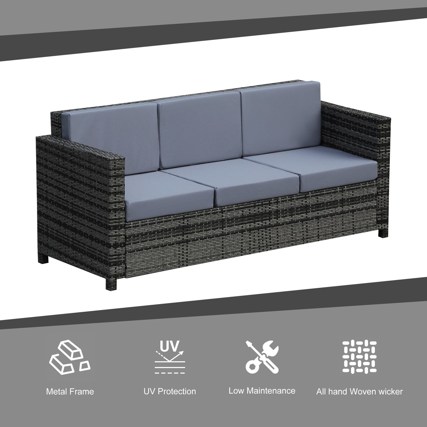 Warehouse Clearance: 3-Seater Weather Resistant Outdoor Garden Rattan Sofa - Mixed Grey (Jersey Only))