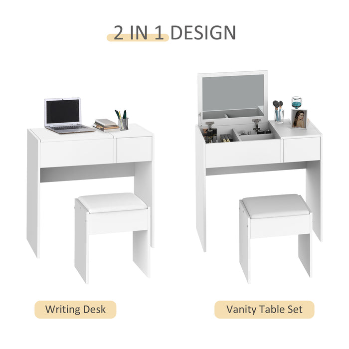 Makeup Desk with Drawer, Vanity Table Set with Flip-up Mirror and Cushioned Stool, White