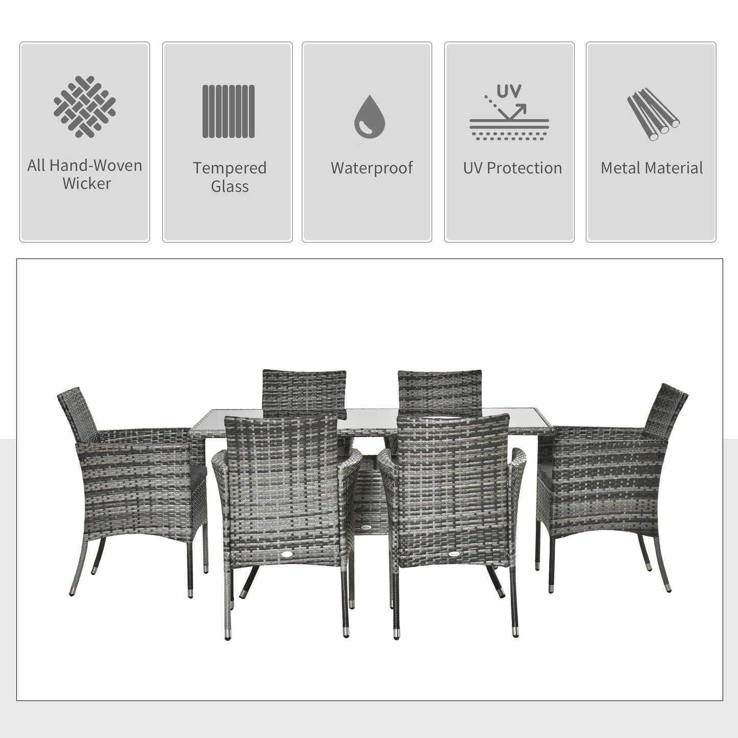 6-Seater Rattan Dining Set Garden Furniture Patio Rectangular Table Cube Chairs Outdoor Fire Retardant Sponge Grey