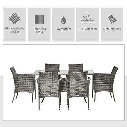 6-Seater Rattan Dining Set Garden Furniture Patio Rectangular Table Cube Chairs Outdoor Fire Retardant Sponge Grey