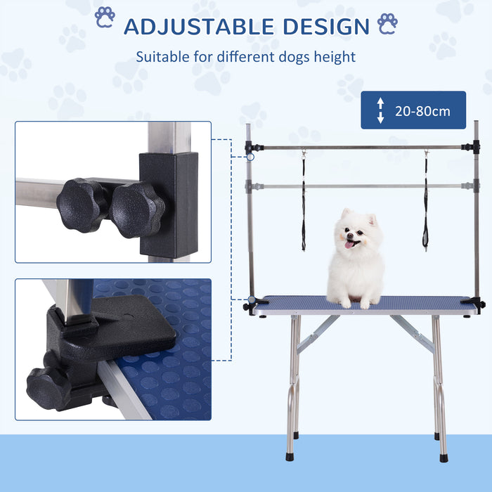 Adjustable Dog Grooming Table Rubber Top 2 Safety Slings Mesh Storage Basket Heavy Metal Blue 107 x 60 x 170cm