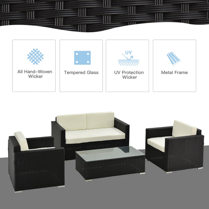 4-Seater Rattan Sofa Set Garden Rattan Furniture Wicker Steel Chair Seat Furniture Patio Rattan Garden Sofa Black