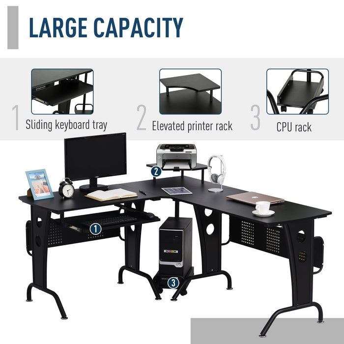 L-Shaped Corner Work Desk Gaming Office w/ Steel Frame CPU Rack Keyboard Tray Space-Saving Melamine Coating Computer Home Workstation Black