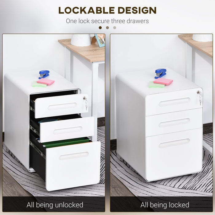 Fully Assembled 3-Drawer Mobile File Cabinet Lockable All-Metal Rolling Vertical File Cabinet White