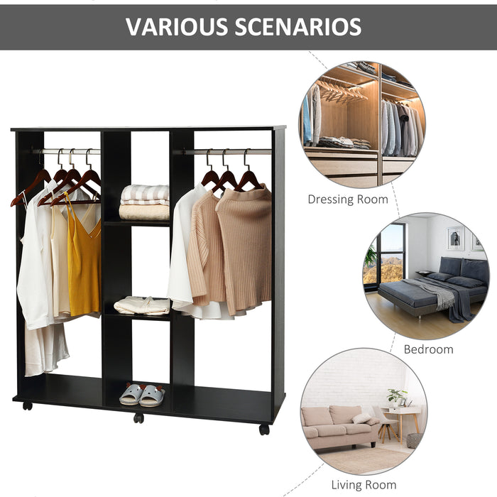 Double Mobile Open Wardrobe With Clothes Hanging Rails Storage Shelves Organizer Bedroom Furniture - Black