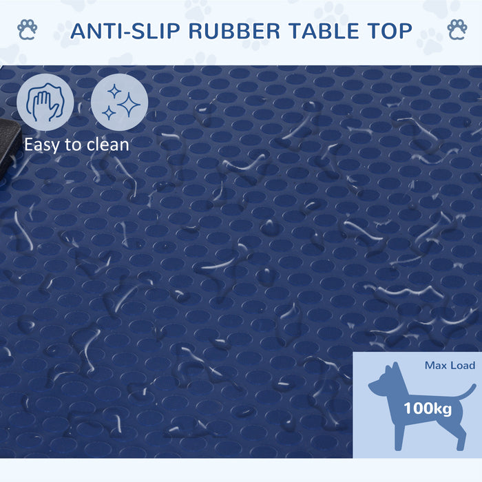 Adjustable Dog Grooming Table Rubber Top 2 Safety Slings Mesh Storage Basket Heavy Metal Blue 107 x 60 x 170cm