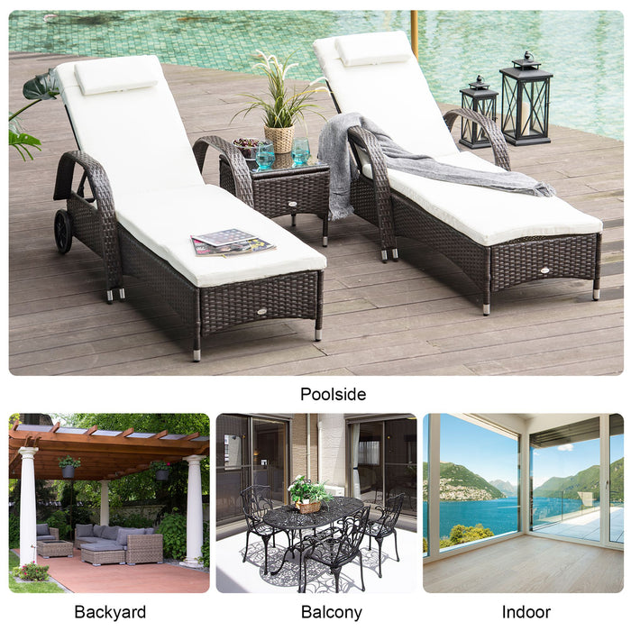 3 Pieces Patio Lounge Chair Set, Garden Wicker Wheeling Recliner Outdoor Daybed, PE Rattan Lounge Chairs w/Cushions & Side Coffee Table Brown