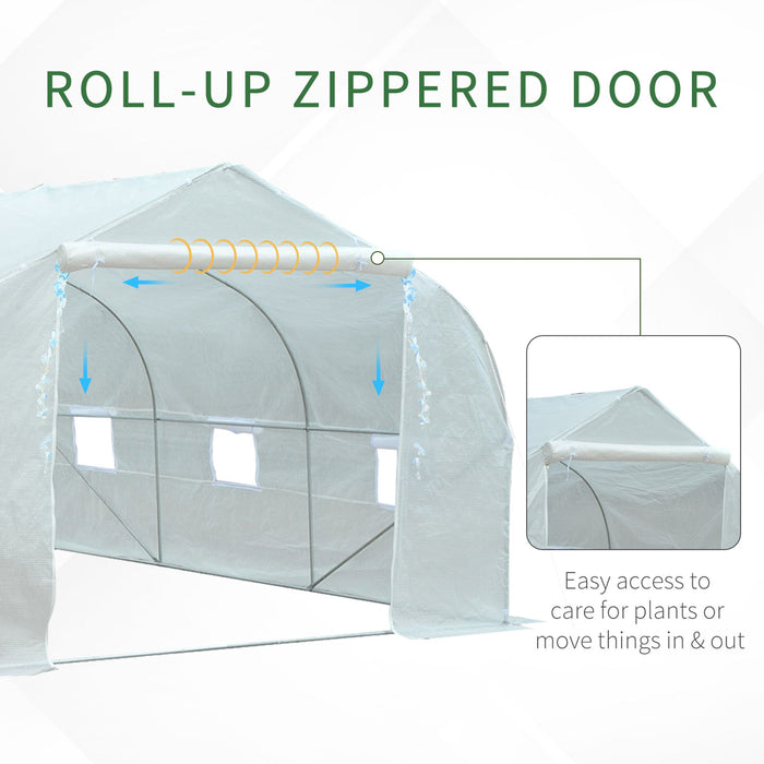 3.5 x 3 x 2m Walk-In Greenhouse Polytunnel Greenhouse Garden Hot House with Steel Frame, Roll Up Door and Windows, White