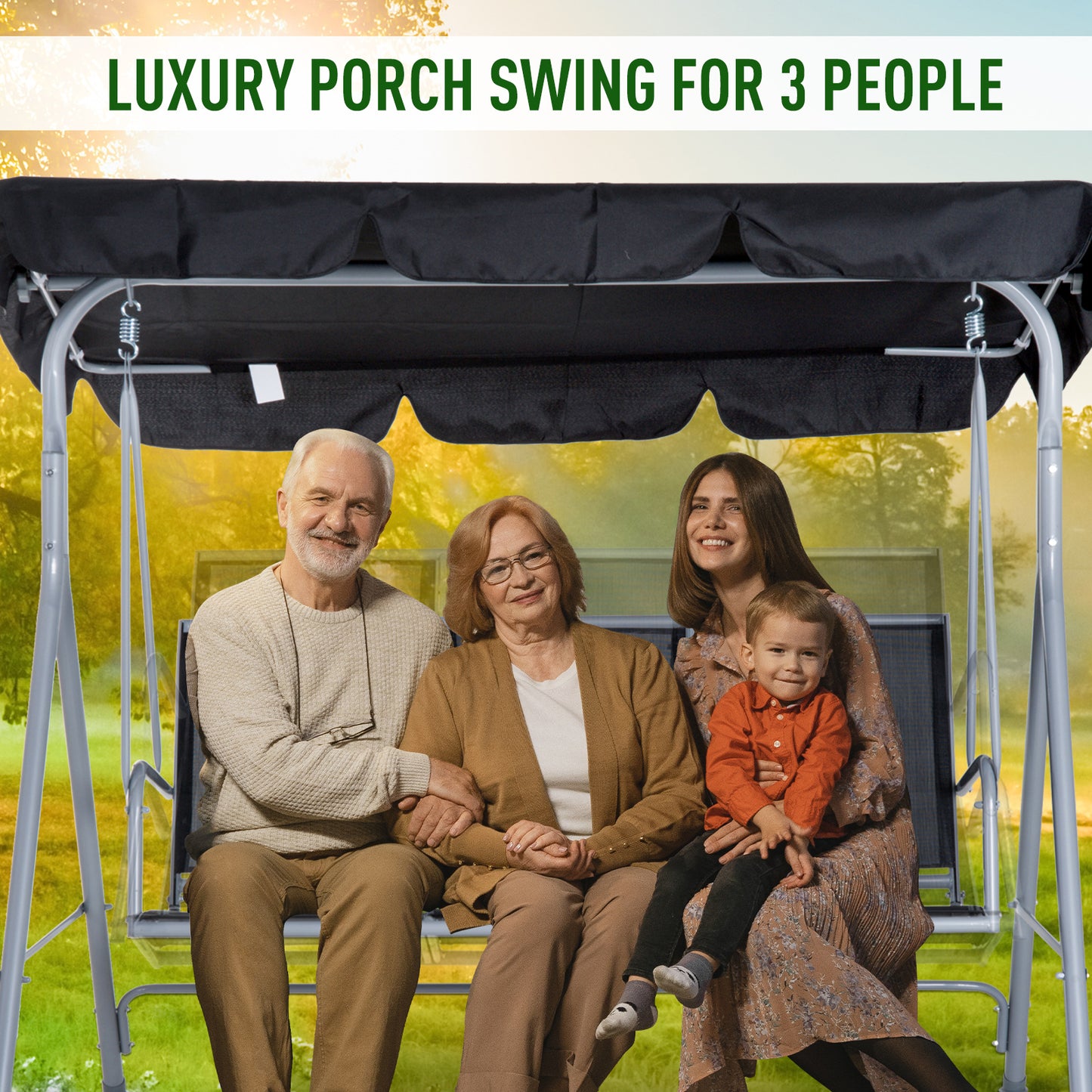 3 Seater Patio Swing Chair Garden Hammock Bench Rock Shelter Shade Metal Black