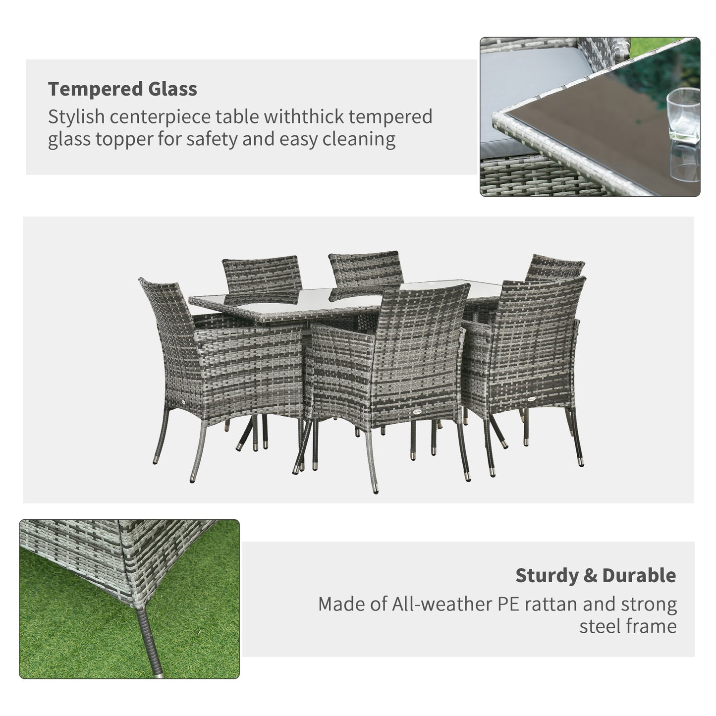 6-Seater Rattan Dining Set Garden Furniture Patio Rectangular Table Cube Chairs Outdoor Fire Retardant Sponge Grey