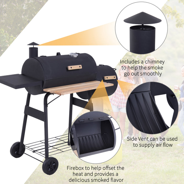 Portable Charcoal BBQ Grill, Cold-rolled Steel, Solid Wood, 104H x 124L x53W cm-Black