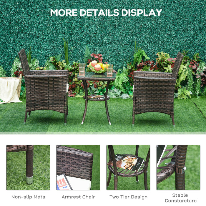 Garden Outdoor Rattan Furniture Bistro Set 3 PCs Patio Weave Companion Chair Table Set Conservatory (Brown)