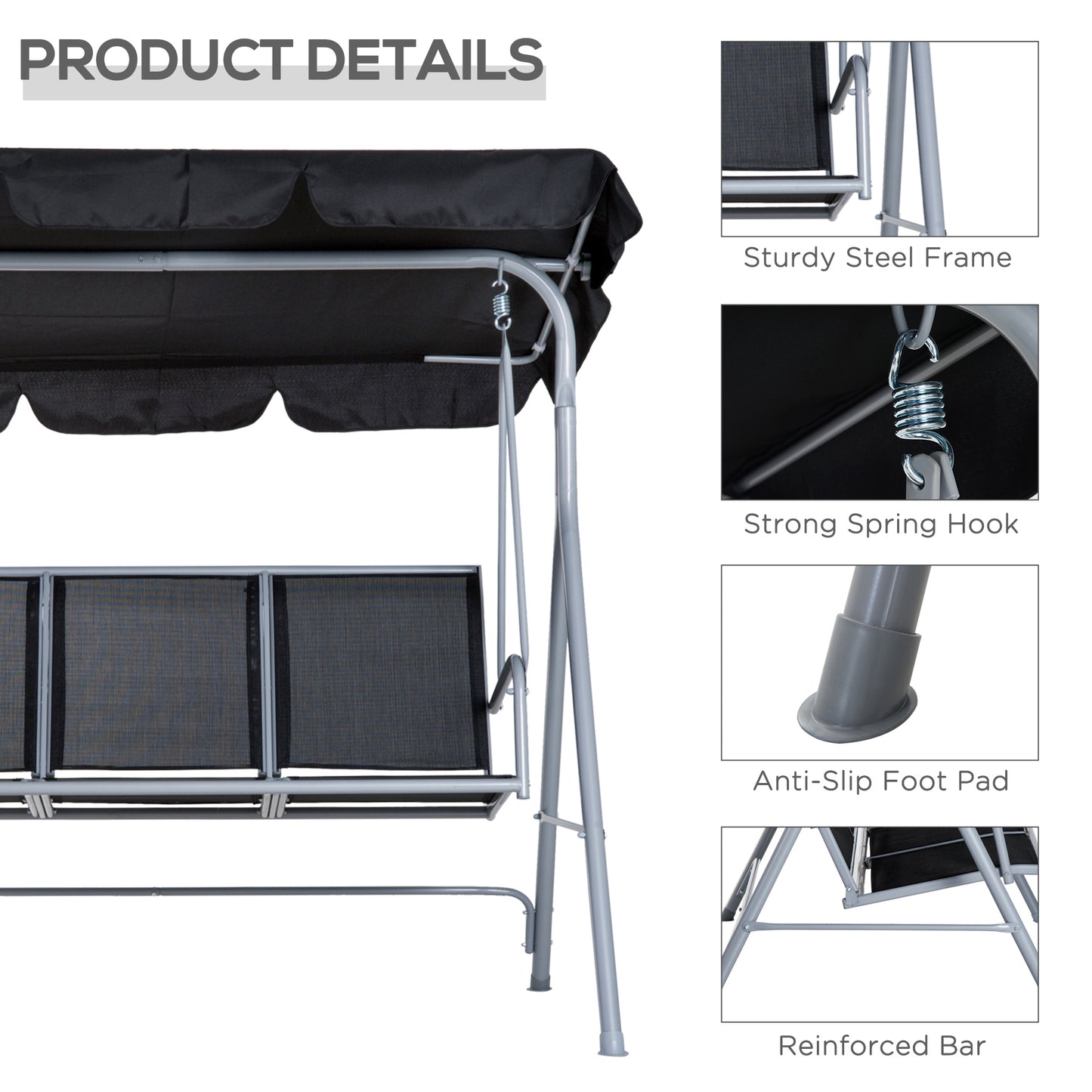 3 Seater Patio Swing Chair Garden Hammock Bench Rock Shelter Shade Metal Black