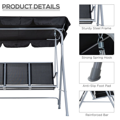3 Seater Patio Swing Chair Garden Hammock Bench Rock Shelter Shade Metal Black