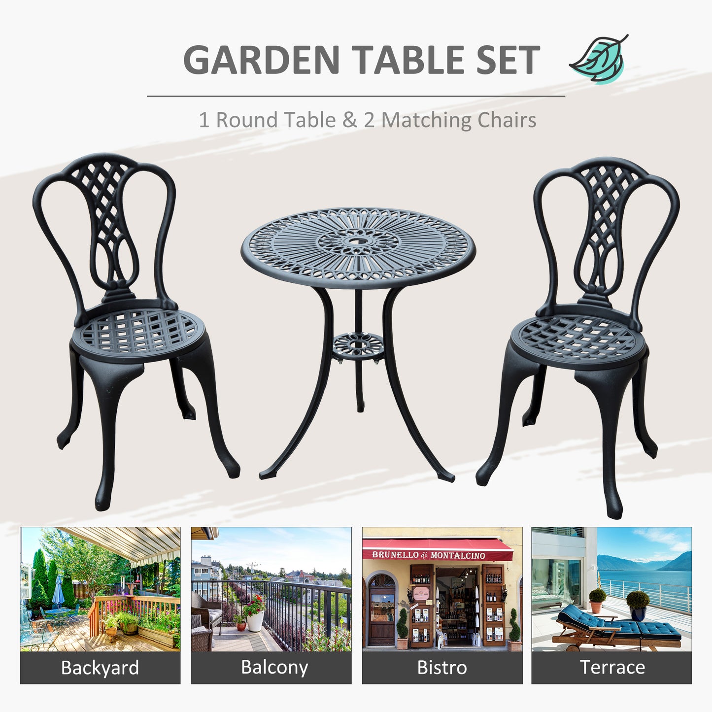 3 Piece Patio Cast Aluminium Bistro Set Garden Outdoor Furniture Table and Chairs Shabby Chic Style