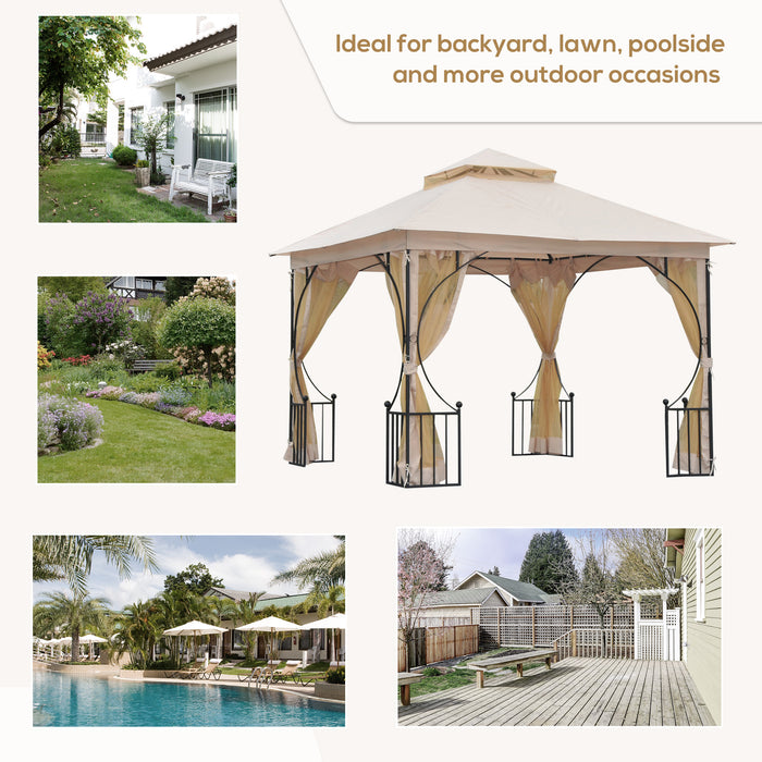 3 x 3(m) Garden Gazebo Patio Party Tent Shelter Outdoor Canopy Double Tier Sun Shade Metal Frame Netting Beige