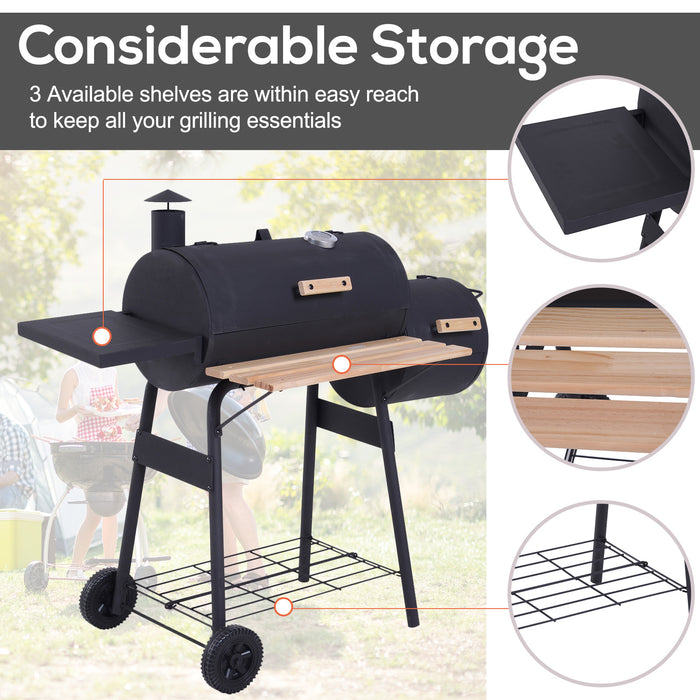 Portable Charcoal BBQ Grill, Cold-rolled Steel, Solid Wood, 104H x 124L x53W cm-Black