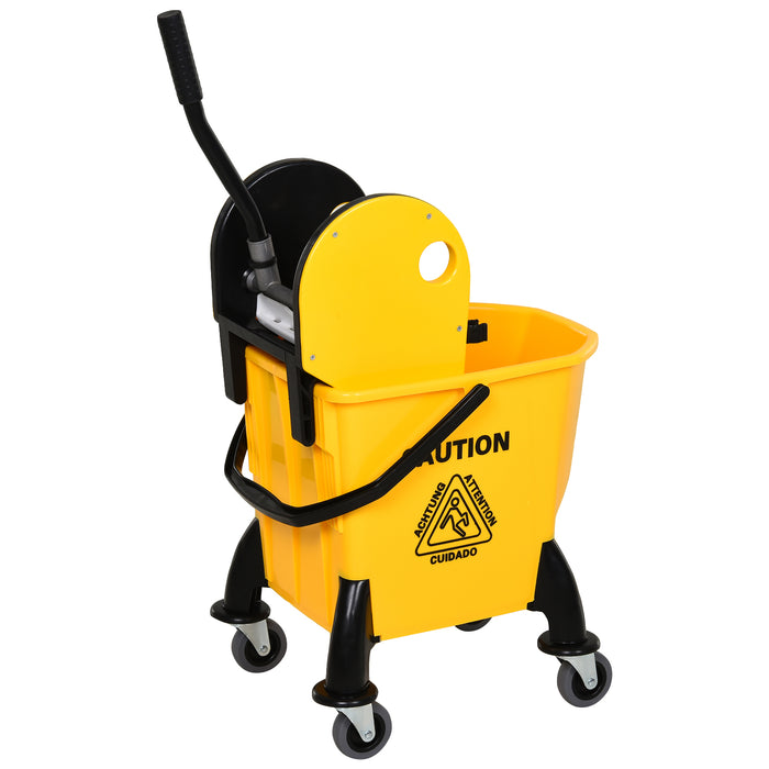 26L Mop Bucket & Water Wringer w/ 4 Wheels Plastic Body Metal Handle Pole Holder Home Commercial Cleaning Floor Cart Yellow