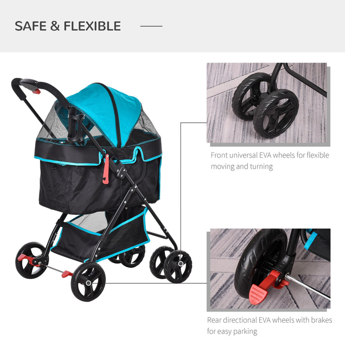 Foldable Dog Stroller Pet Cat Travel Pushchair Trolley Adjustable Canopy Brake Removable Cloth Basket Bottle Holder Safety Leash for Small Dogs