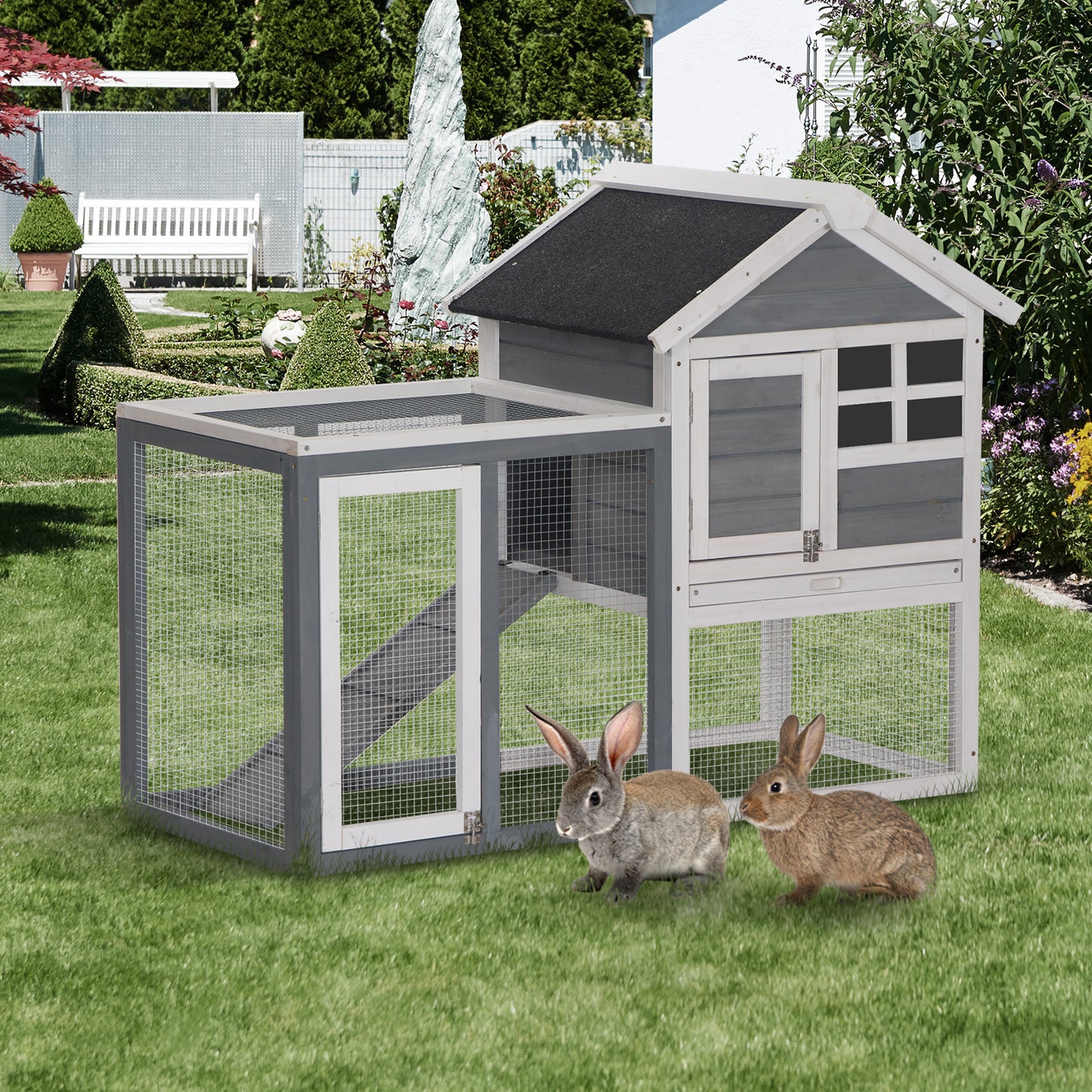 2 Tier Rabbit Hutch Outdoor, Wooden Guinea Pig Hutch, Bunny Cage Small Animal House with Ramp Rabbit Run Pull Out Tray, Grey, 122 x 62.6 x 92 cm