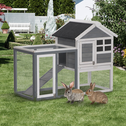 2 Tier Rabbit Hutch Outdoor, Wooden Guinea Pig Hutch, Bunny Cage Small Animal House with Ramp Rabbit Run Pull Out Tray, Grey, 122 x 62.6 x 92 cm