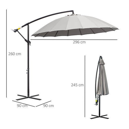 3(m) Cantilever Garden Hanging Banana Sun Umbrella with Crank Handle, 18 Sturdy Ribs and Cross Base, Grey