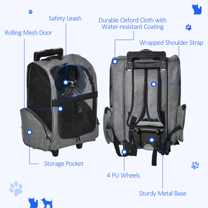 Travel Bag for Dogs Pet Carry Backpack w/ Trolley and Telescopic Handle Portable Stroller Wheel Luggage Bag, Grey