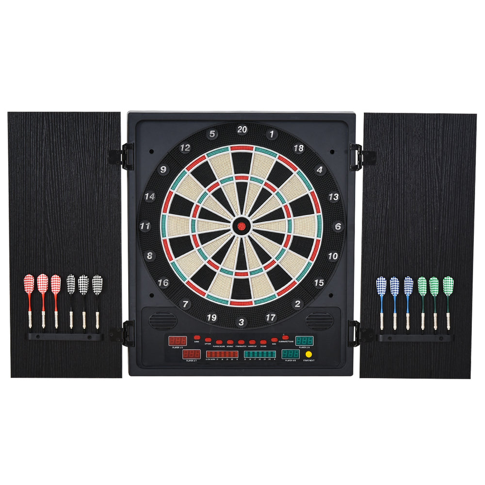 Electronic Dartboard In Case LED Scoreboard w/ 12 Darts 30 Heads Side Storage Cabinet Classic Game Family Fun Game Black White