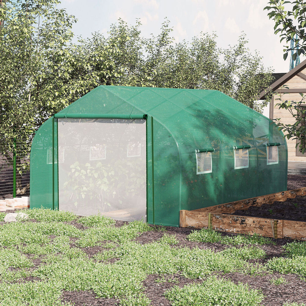 Walk-in Polytunnel Garden Greenhouse, Outdoor Greenhouse with PE Cover, Zippered Roll Up Door and 6 Windows, 3.5 x 3 x 2m, Green