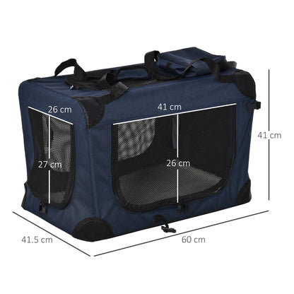 Folding Pet Carrier Bag Soft Portable Dog Cat Crate Puppy Kennel Cage House with Cushion Storage Bags Dark Blue, 60 x 41.5 x 41cm