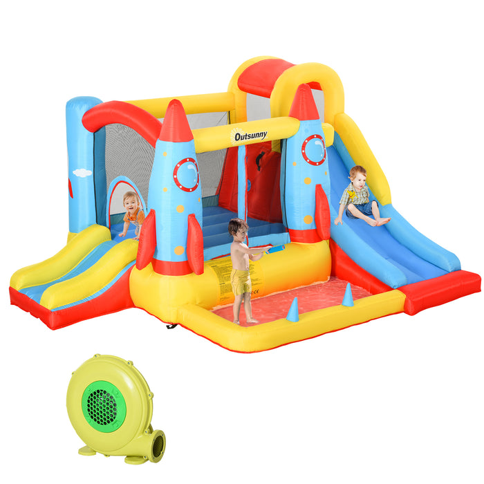 Kids Bounce Castle House Inflatable Trampoline Slide Water Pool 3 in 1 with Blower for Kids Age 3-10 Rocket Design 3.3 x 2.65 x 1.85m